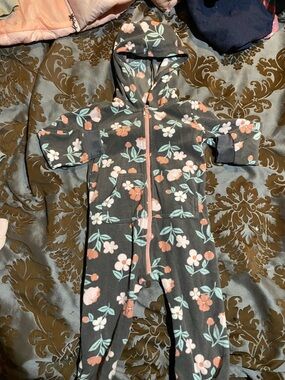 Carter's Gray Floral Hooded Footie with Coral & Mint Flowers